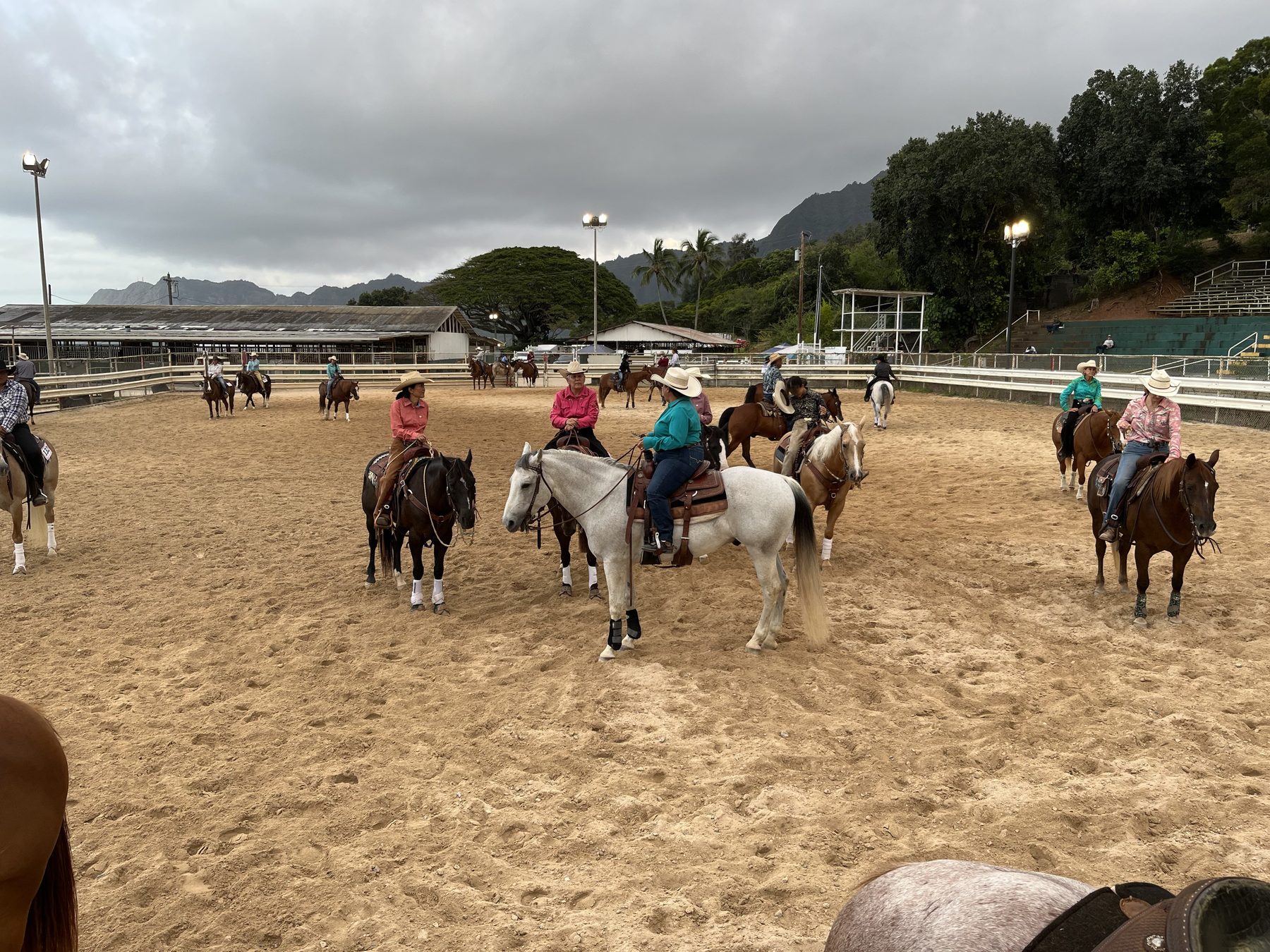 Working in arena with Oahu mountains